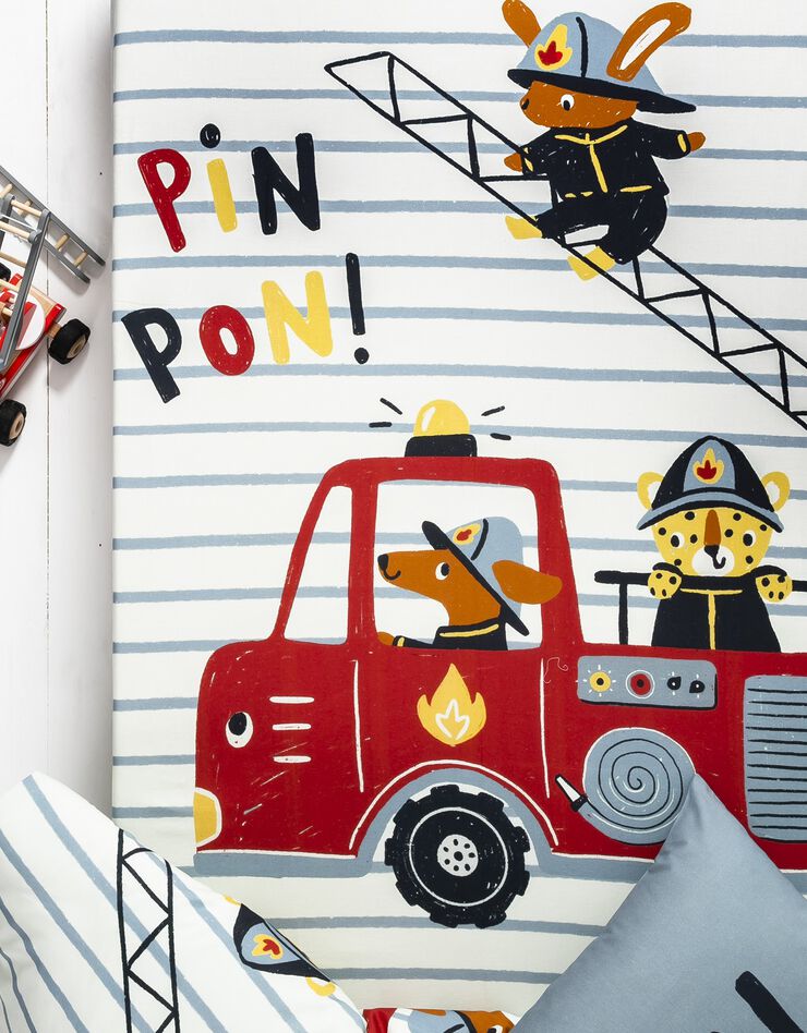 Linge de lit enfant à motifs Pompiers en coton (bleu ciel)