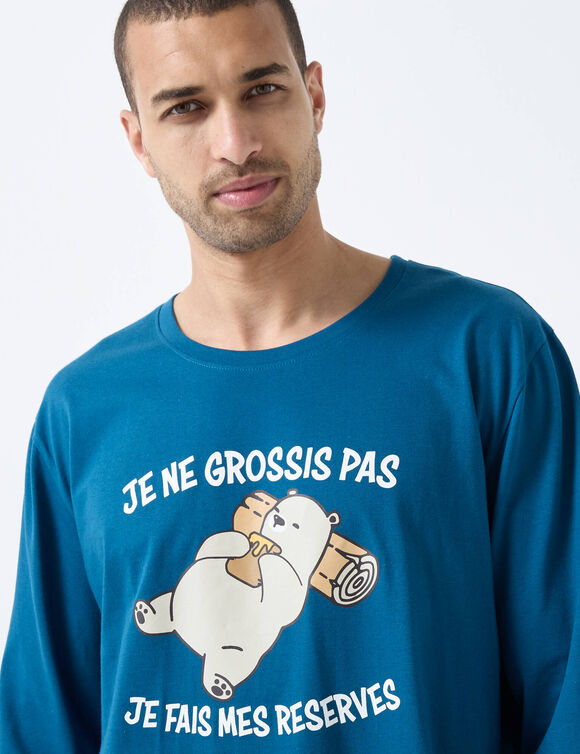 Maxi-pyjama-T-shirt bedrukt met de tekst &bdquo;Ik word niet dik&ldquo; (petroleumblauw)