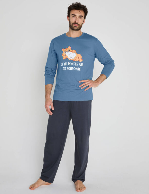 Pyjama coton imprim&eacute; message, manches longues (bleu / gris)