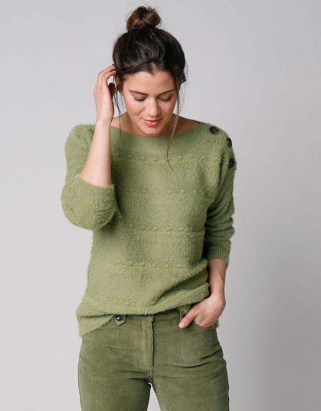 Pull col bateau maille poilue fantaisie (vert mousse)