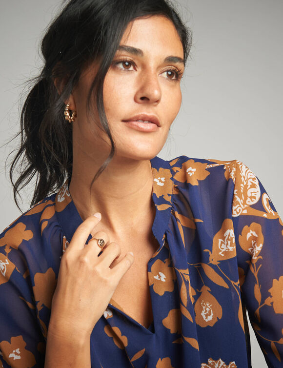 Tunique ample, en voile imprim&eacute; (indigo / caramel)