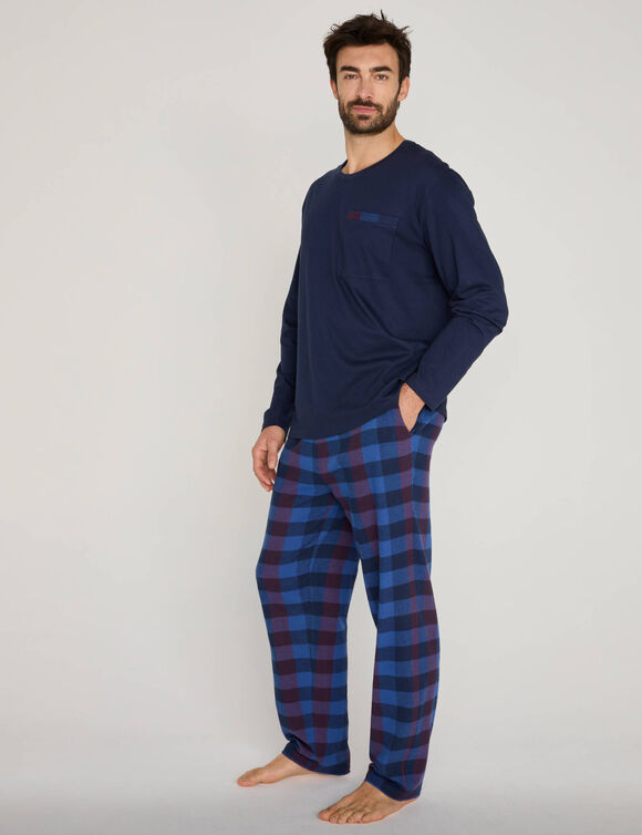 Pyjama van jersey en geruwde flanellen stof (blauw / bordeaux)