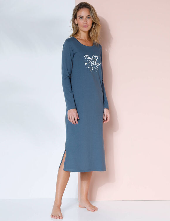 Lang nachthemd met lange mouwen en "night" print (donkerblauw)