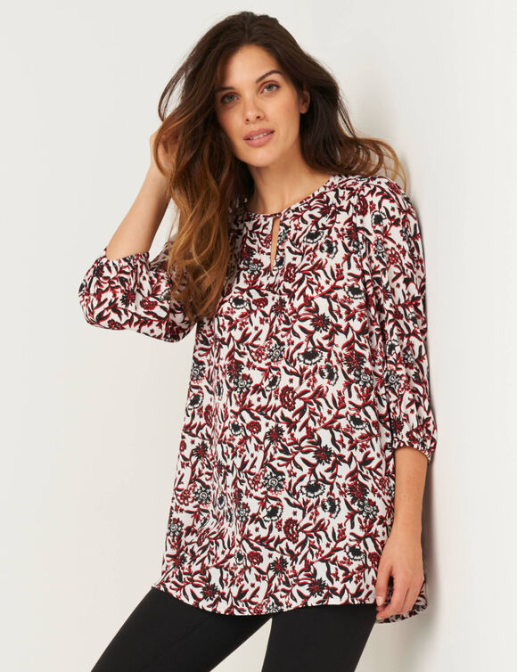 Tunique fluide imprimé fleuri, manches 3/4 (noir / rouge)