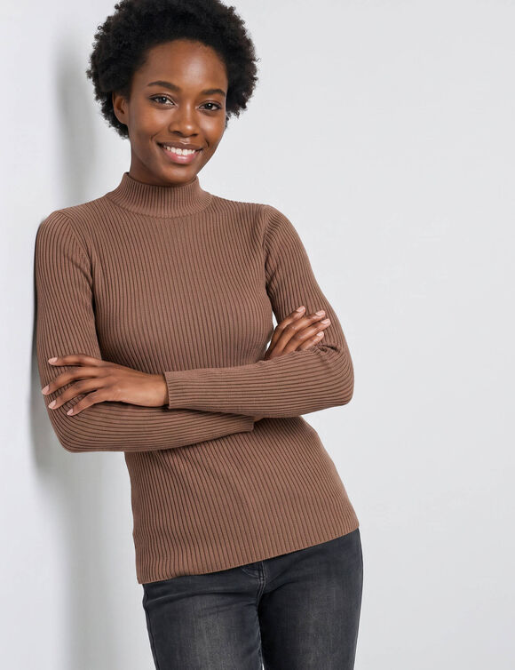 Pull col montant court, maille c&ocirc;tel&eacute;e (taupe)