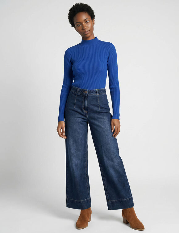 Pull col montant long, maille c&ocirc;tel&eacute;e (bleu vif)