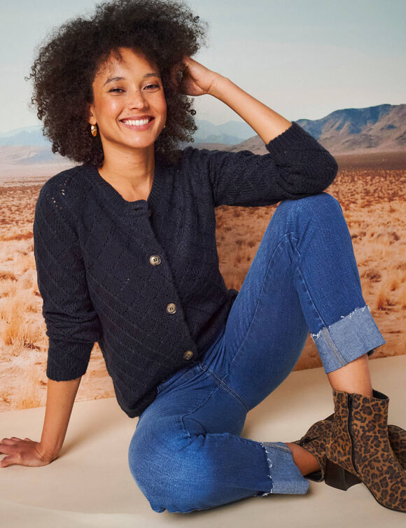 Gilet boutonné, maille ajourée toucher doux (marine)