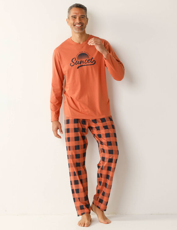 Pyjama coton carreaux manches longues (abricot)