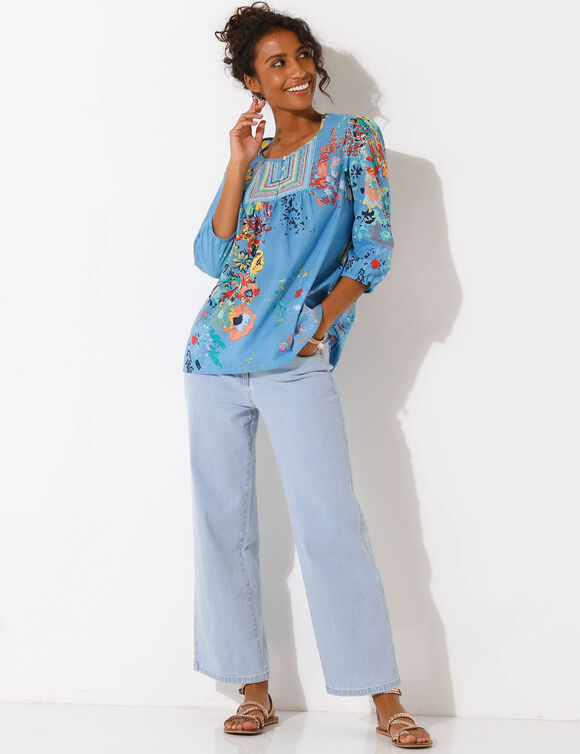 Blouse imprimée fleurs, détails brodés (bleu / corail)