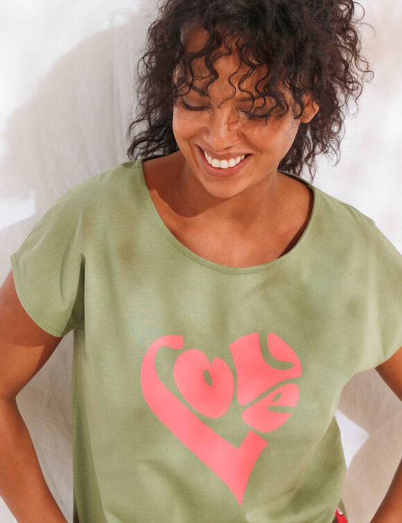 T-shirt imprim&eacute; plac&eacute; "love" (kaki / rose)