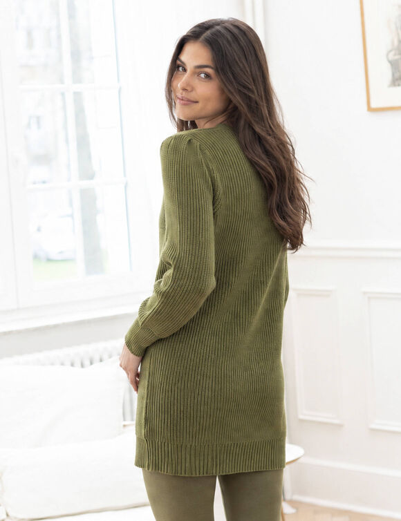 Pull tunique boutons fantaisie toucher doux (vert olive chin&eacute;)