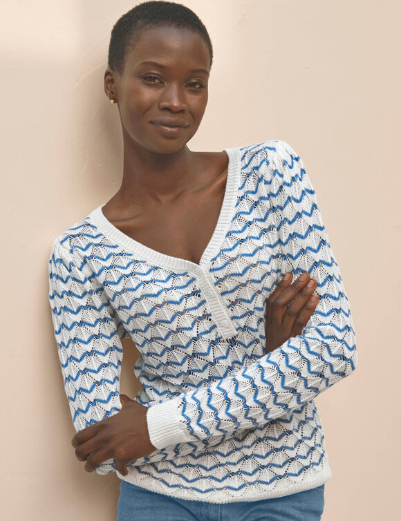 Pull col tunisien en maille fantaisie (blanc / bleu)