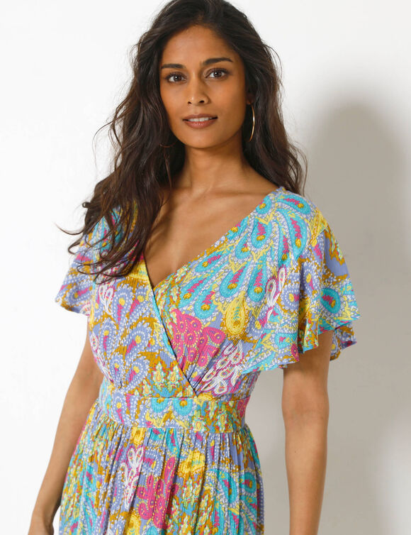 Robe volant&eacute;e cache-coeur imprim&eacute;e, cr&eacute;pon (bleu / jaune)