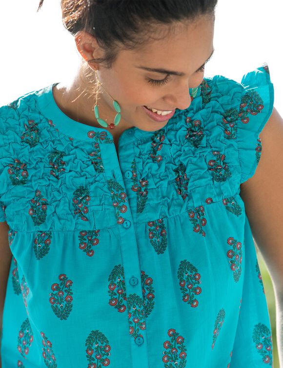Chemisier smocké imprimé (turquoise)