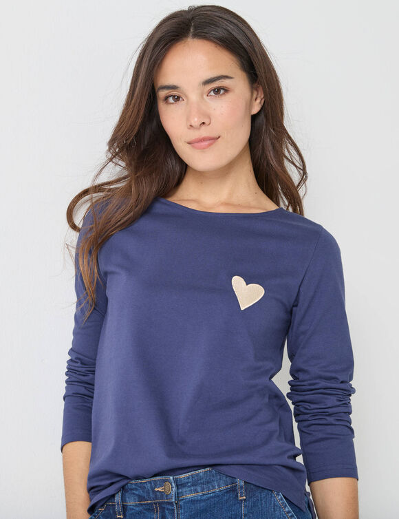 T-shirt marinière manches longues, brodé "cœur" uni ou imprimé léopard (marine)