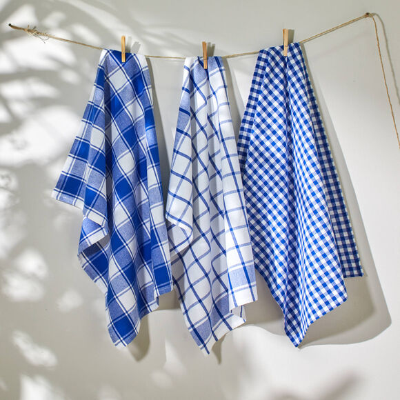 Torchon carreaux coton tissé teint - lot de 3 (bleu)