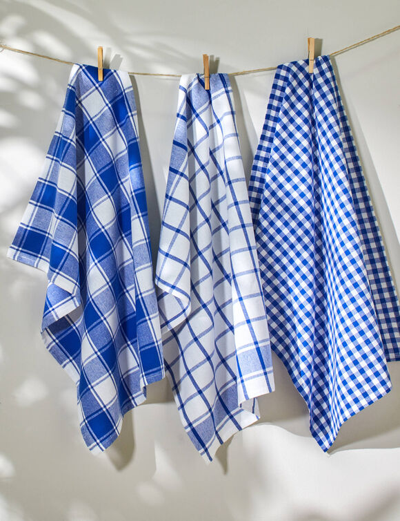 Katoenen droogdoek met ingeweven ruiten - set van 3 (blauw)