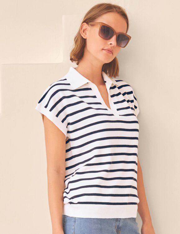 Pull ray&eacute; col polo, coton m&eacute;lang&eacute; (blanc / marine)