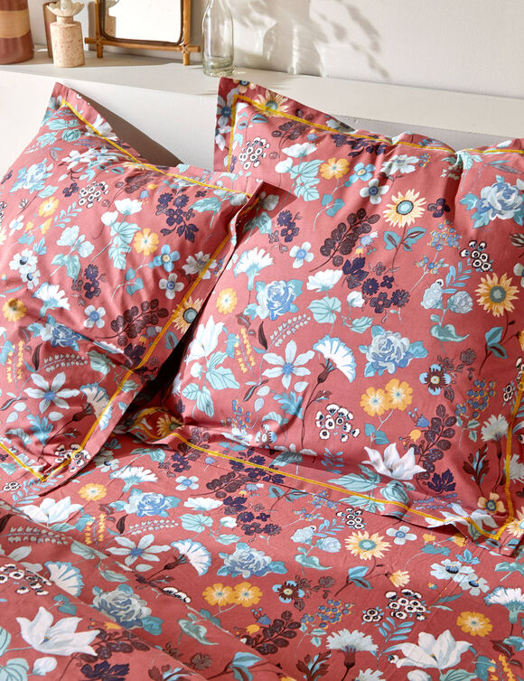 Linge de lit Kelly en coton imprim&eacute; floral (bois de rose)