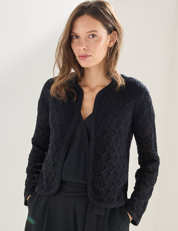 Gilet manches longues, maille ajour&eacute;e fantaisie (noir)