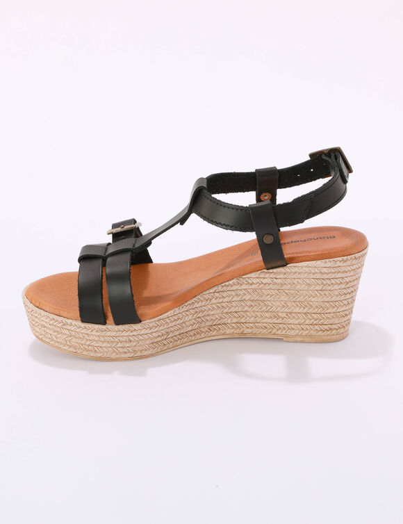 Sandales compens&eacute;es en cuir (noir)
