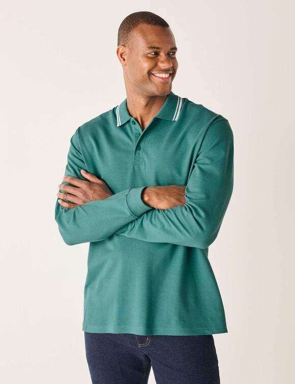 Polo uni maille piquée manches longues (céladon)