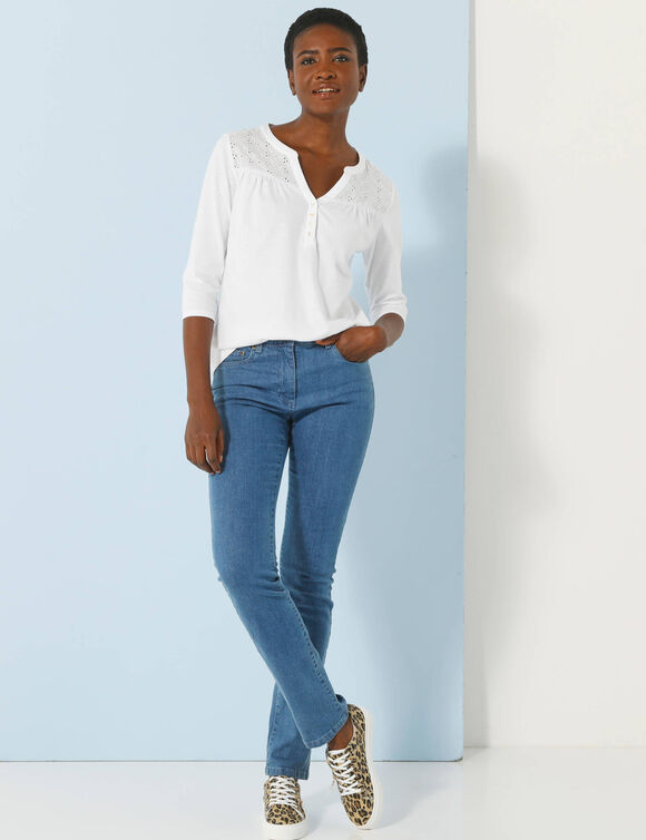 T-shirt col tunisien manches 3/4, broderie anglaise (blanc)