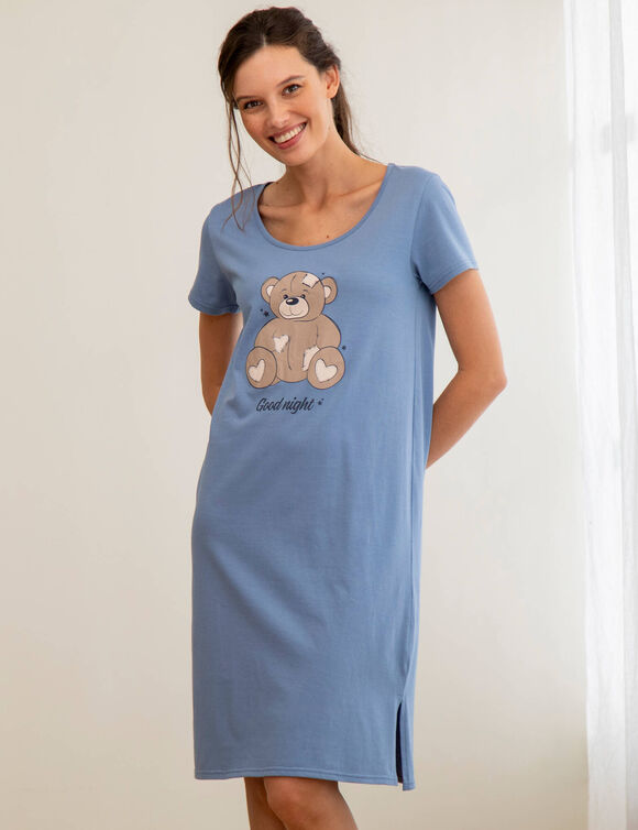 Kort nachthemd met geplaatst beermotief en korte mouwen (grijsblauw)