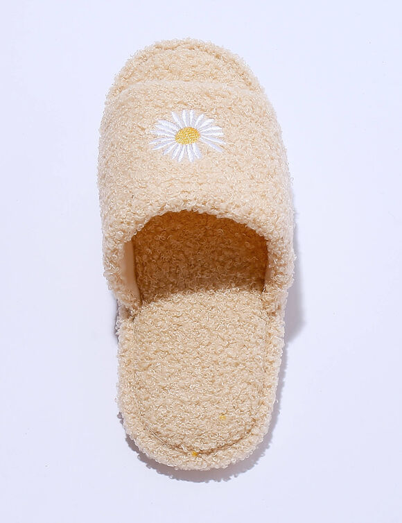 Mules plates ouvertes brod&eacute;es marguerite (beige)