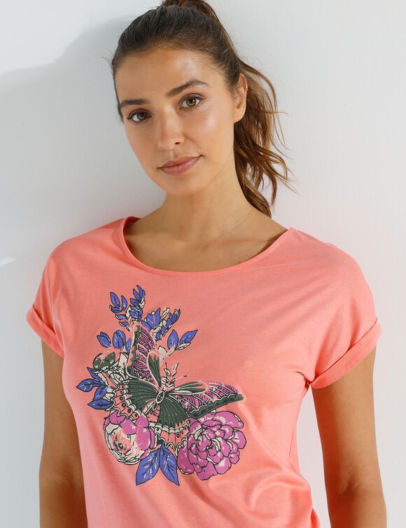 T-shirt imprimé placé, col rond (corail / beige)