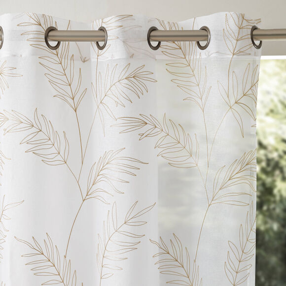 Panneau voilage brod&eacute; grandes feuilles - finition oeillets (sable)