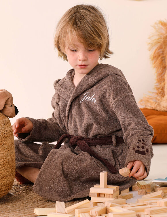 Peignoir de bain enfant personnalisable chien à capuche, éponge coton - 340 g/m² (chocolat)