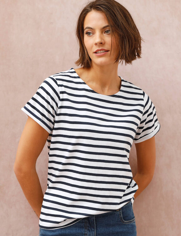 T-shirt ray&eacute; manches courtes &agrave; revers (blanc / marine)