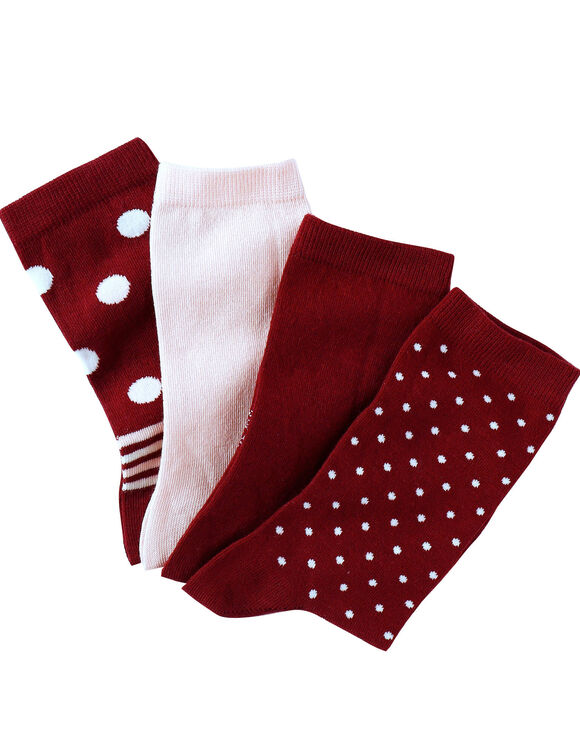Chaussettes pois et unies - lot de 4 paires (bordeaux / rose)