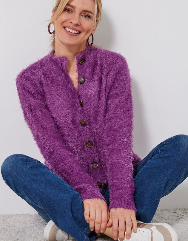 Cardigan boutonné maille poilue fantaisie (prune)