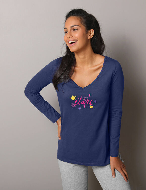 Pyjama-T-shirt met lange mouwen en bedrukking met Estrella-motief (marine)