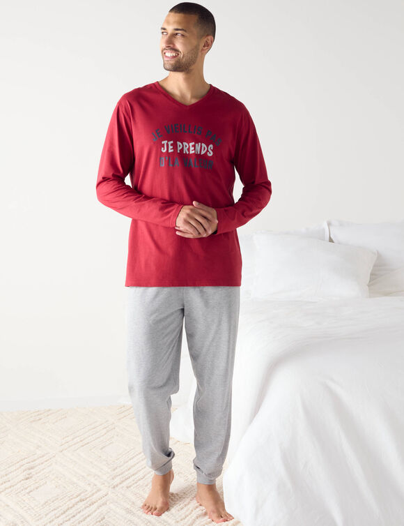 Pyjama manches longues message (bordeaux / gris chiné)