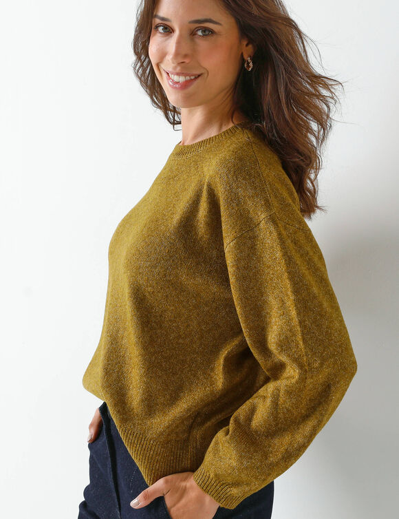 Pull loose manches blousantes, maille chinée en laine mélangée (vert chiné)