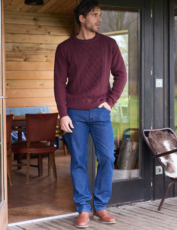 Pull col rond maille irlandaise (bordeaux chin&eacute;)