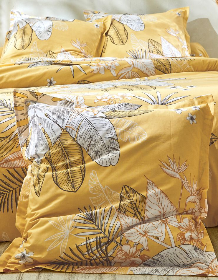 Linge de lit Elyse en coton imprimé fleurs et feuilles de palmes, miel Linge de lit Elyse en coton imprimé fleurs et feuilles de palmes, miel, hi-res image number 1
