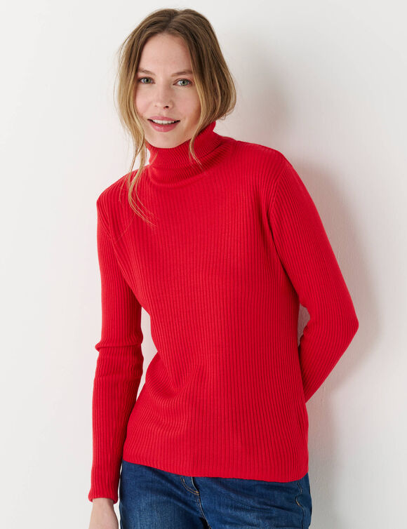 Pull col roul&eacute;, maille c&ocirc;tel&eacute;e (rouge)
