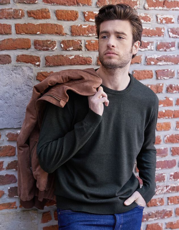Pull col rond 80% laine (kaki chiné)