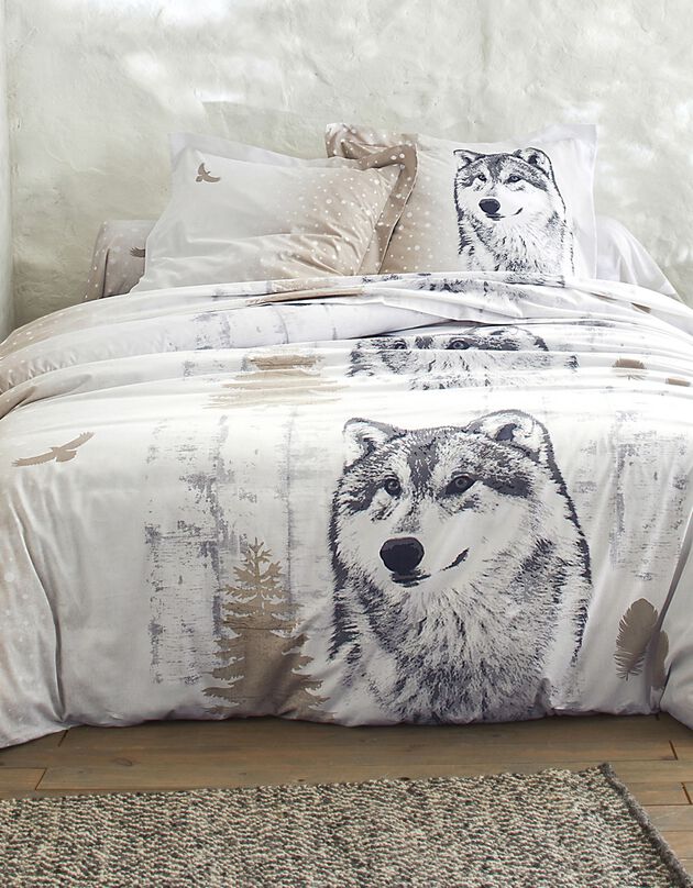 Bedlinnen Artic in katoen met hond-wolf print (taupe)
