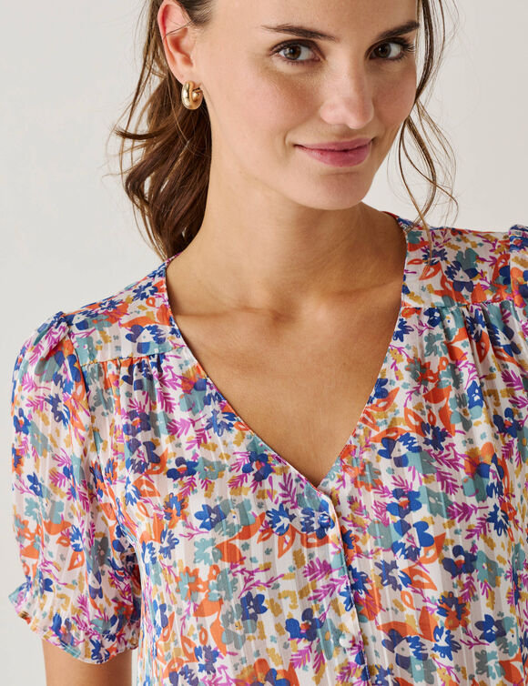 Chemisier boutonn&eacute; manches blousantes imprim&eacute;, voile jacquard (vert gris&eacute;)