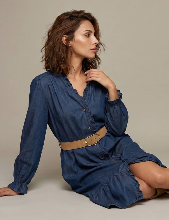Robe courte boutonn&eacute;e, manches longues blousantes, jean (bleu)