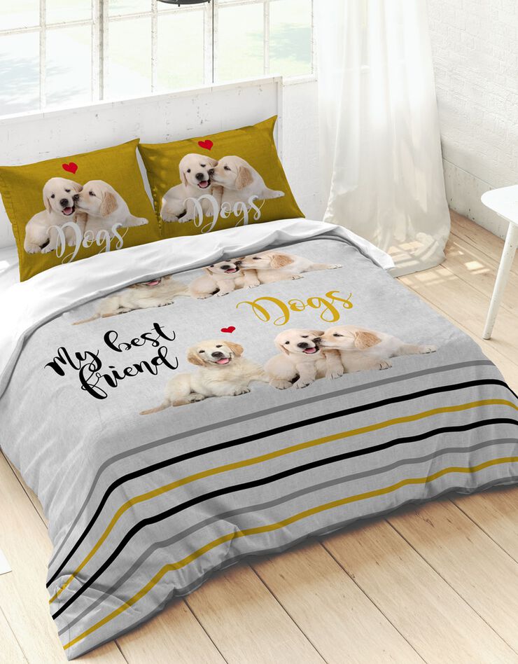 Linge de lit Labradors coton (gris / jaune)