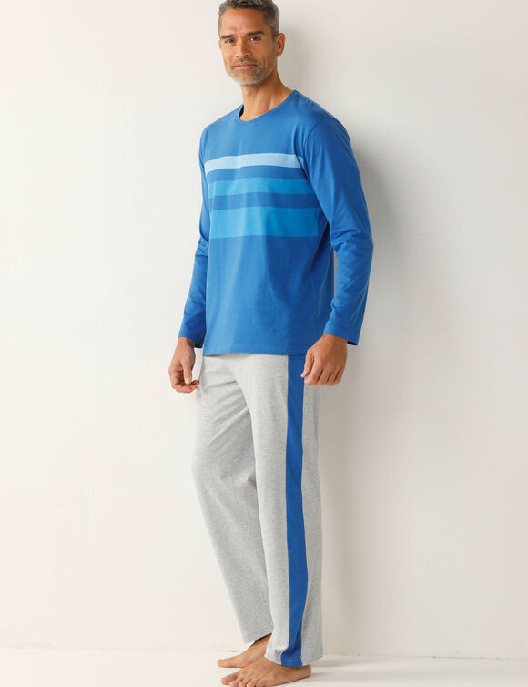 Pyjama in katoen, geplaatste strepen, ronde hals (blauw / grijs)