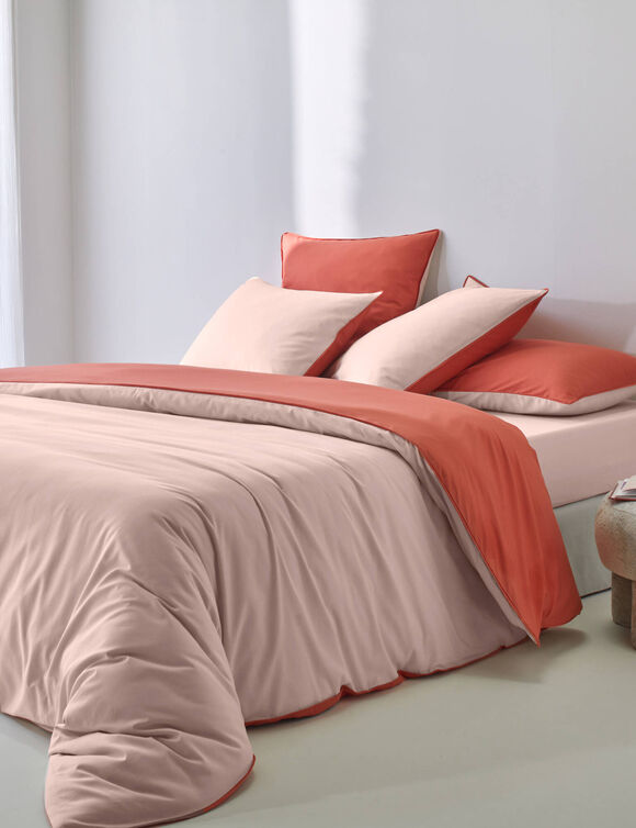 Effen, tweekleurig bedlinnen in katoen (pompoen / poederroze)