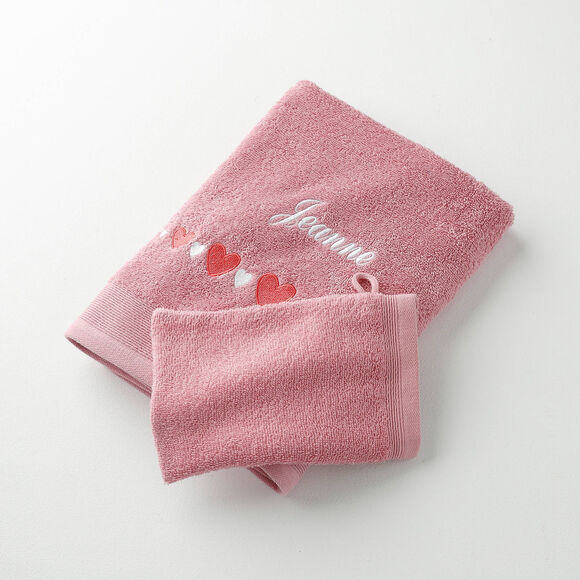 Serviettes de bain brodées cœurs, personnalisable (vieux rose)