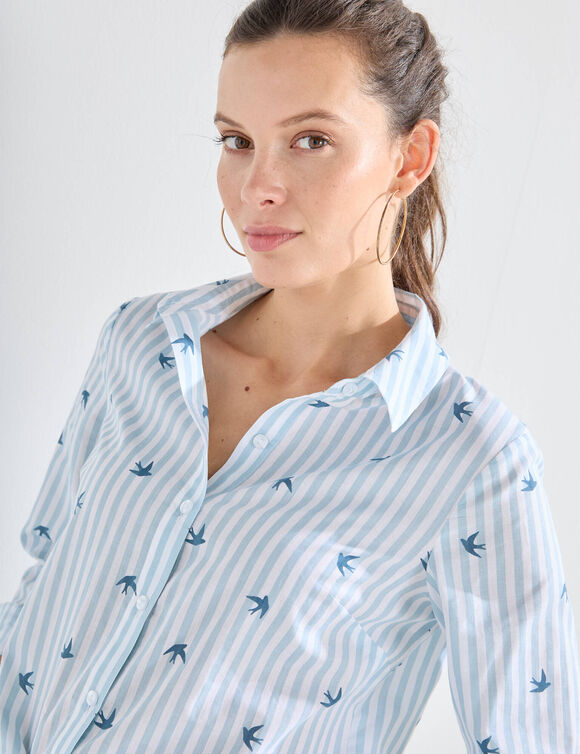 Chemisier imprim&eacute; ray&eacute; et oiseaux (bleu)